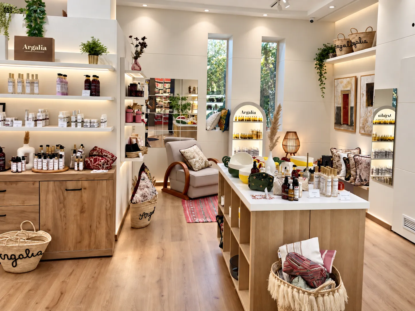 Intérieur de la boutique Argalia à Rabat : rayons de soins visage, corps et cheveux, paniers en osier et coffrets cadeau