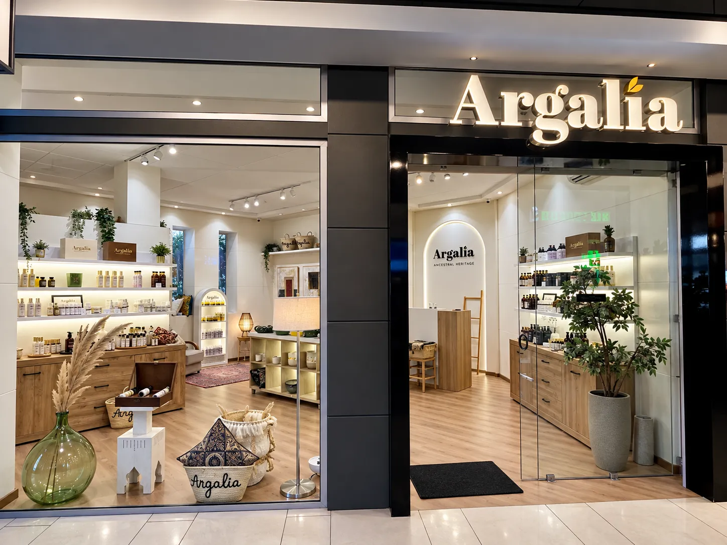 Vitrine de la boutique Argalia à Rabat : enseigne lumineuse et rayons de cosmétiques naturels à l'huile d'argan